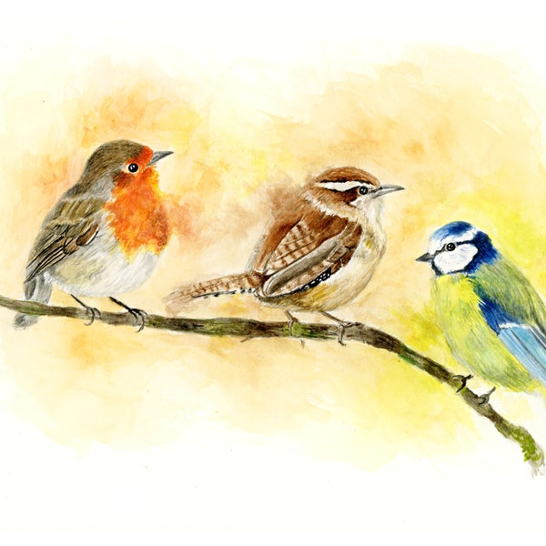 Watercolor Bird Print | Three Little Birds | Red Robin, Wren, Blue Tit | Giclee | 8" x 10" | 5”x7”| 4"x6"