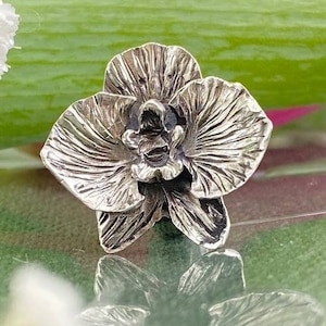 Peut inclure: Un charme en forme de fleur d'orchidée argentée avec des pétales texturés détaillés. Le charme est posé sur une feuille verte avec des fleurs blanches en arrière-plan.