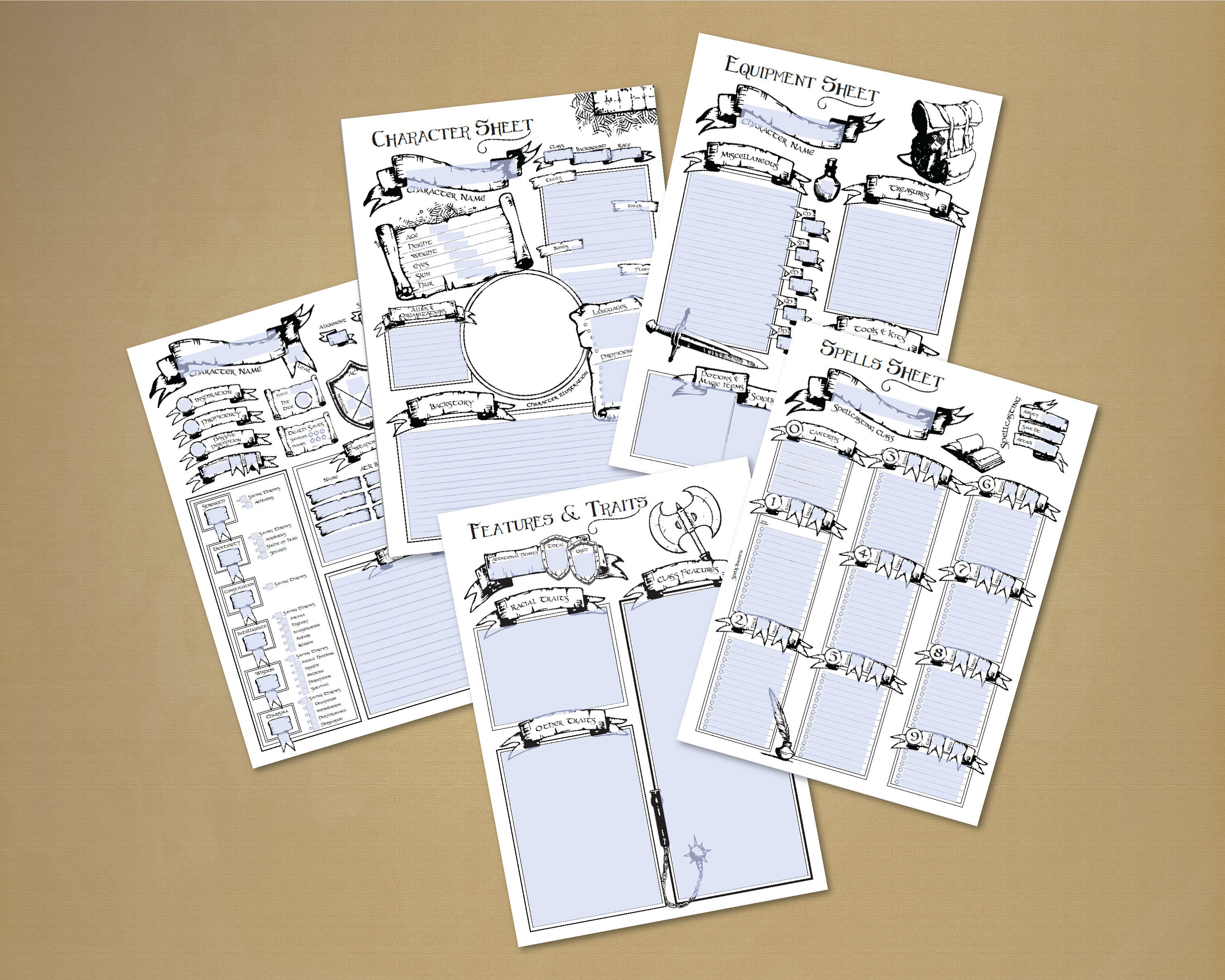 D&D Creative Character Sheet 5 Page Series *PDF DOWNLOAD* Fillable