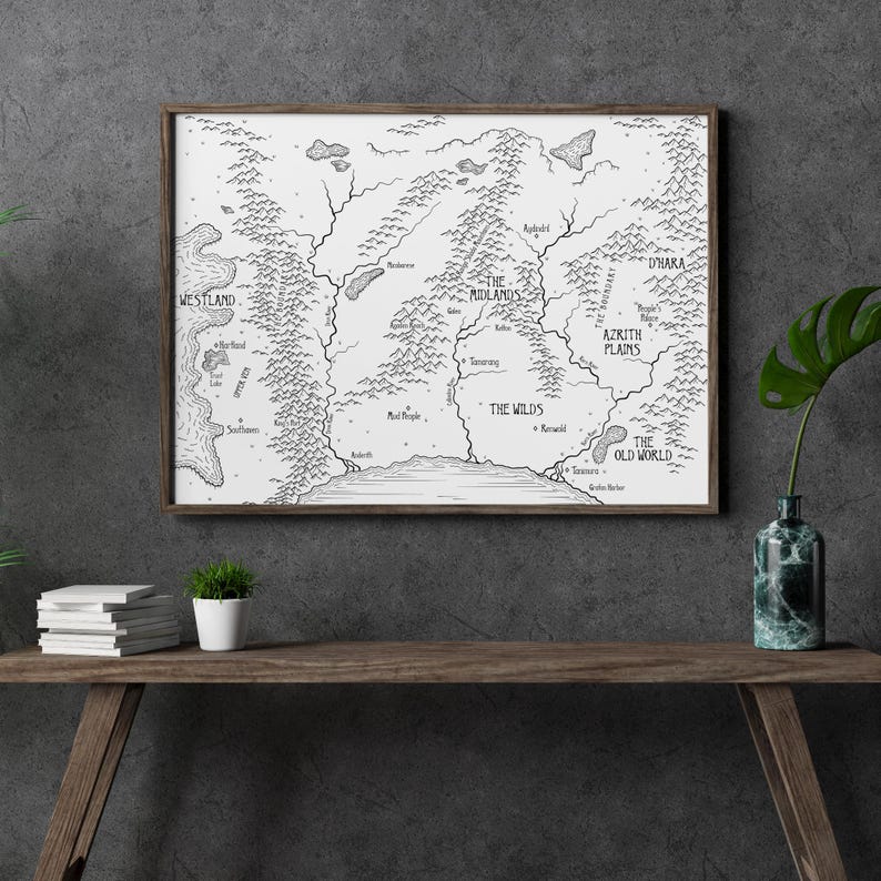 K&ouml;nnte beinhalten: Eine handgezeichnete Karte einer fiktiven Welt in Schwarzwei&szlig; mit den Bezeichnungen "Westland", "The Midlands", "The Wilds", "Azrith Plains", "Dhara" und "The Old World".