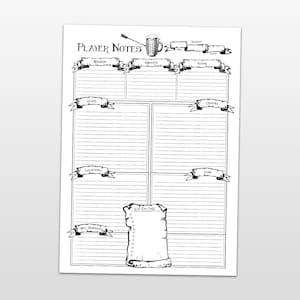 May include: A black and white printable player notes sheet for role-playing games. The sheet includes sections for session information, character details, locations, people, items, to-do list, and key moments.