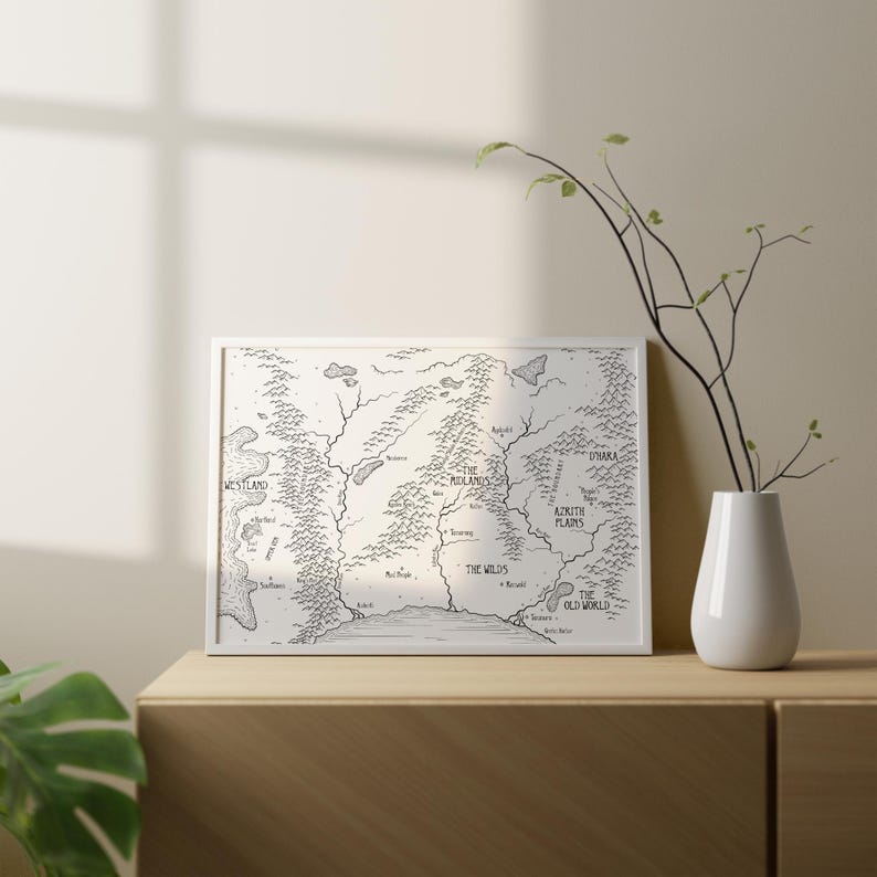 K&ouml;nnte beinhalten: Eine Schwarzwei&szlig;-Linienkarte einer fiktiven Welt mit dem Titel "The Old World". Die Karte zeigt verschiedene Regionen, darunter "The Wilds", "The Midlands", "The Aethel Plains" und "D'nara".