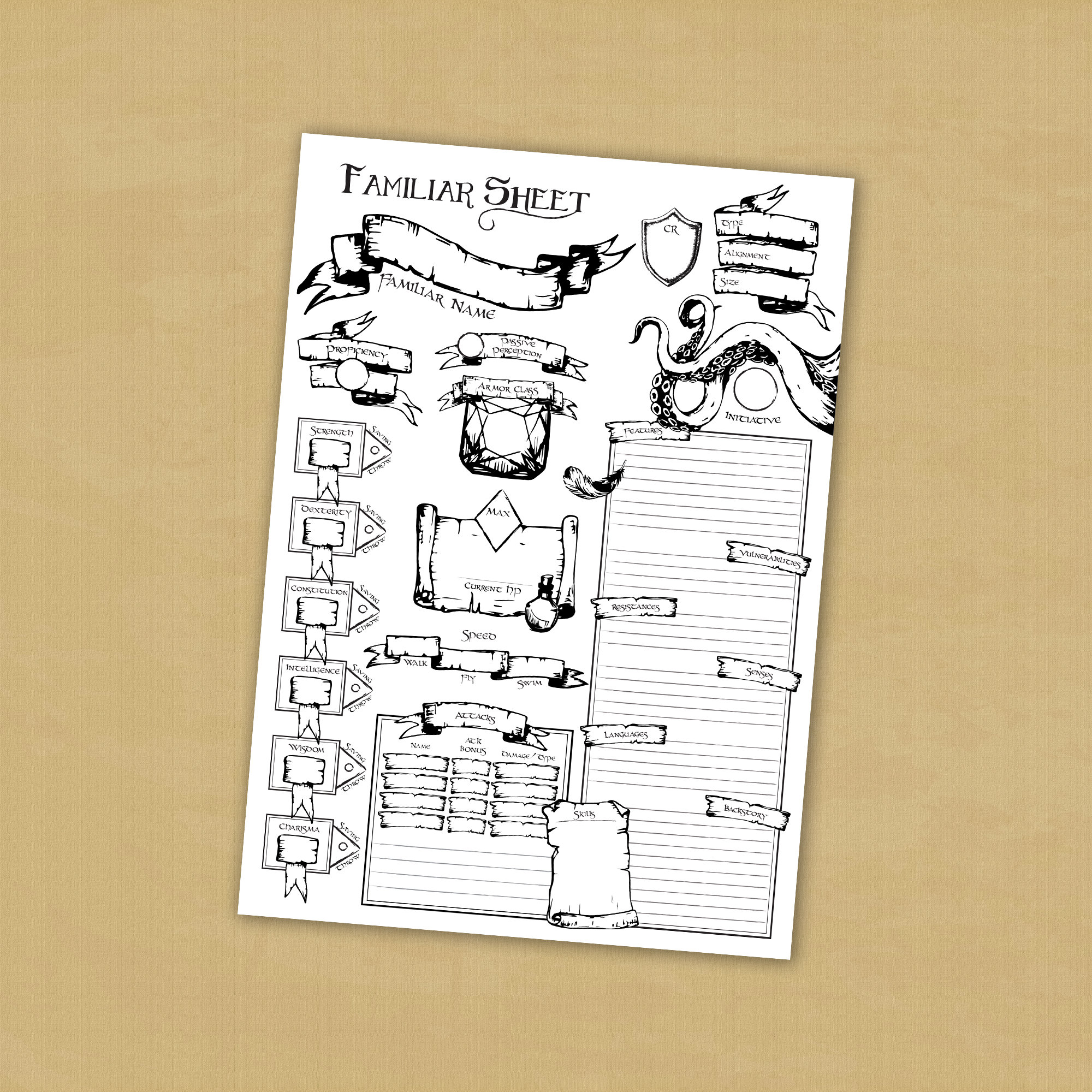 D D Familiar Character Sheet Pdf Download Fillable Etsy