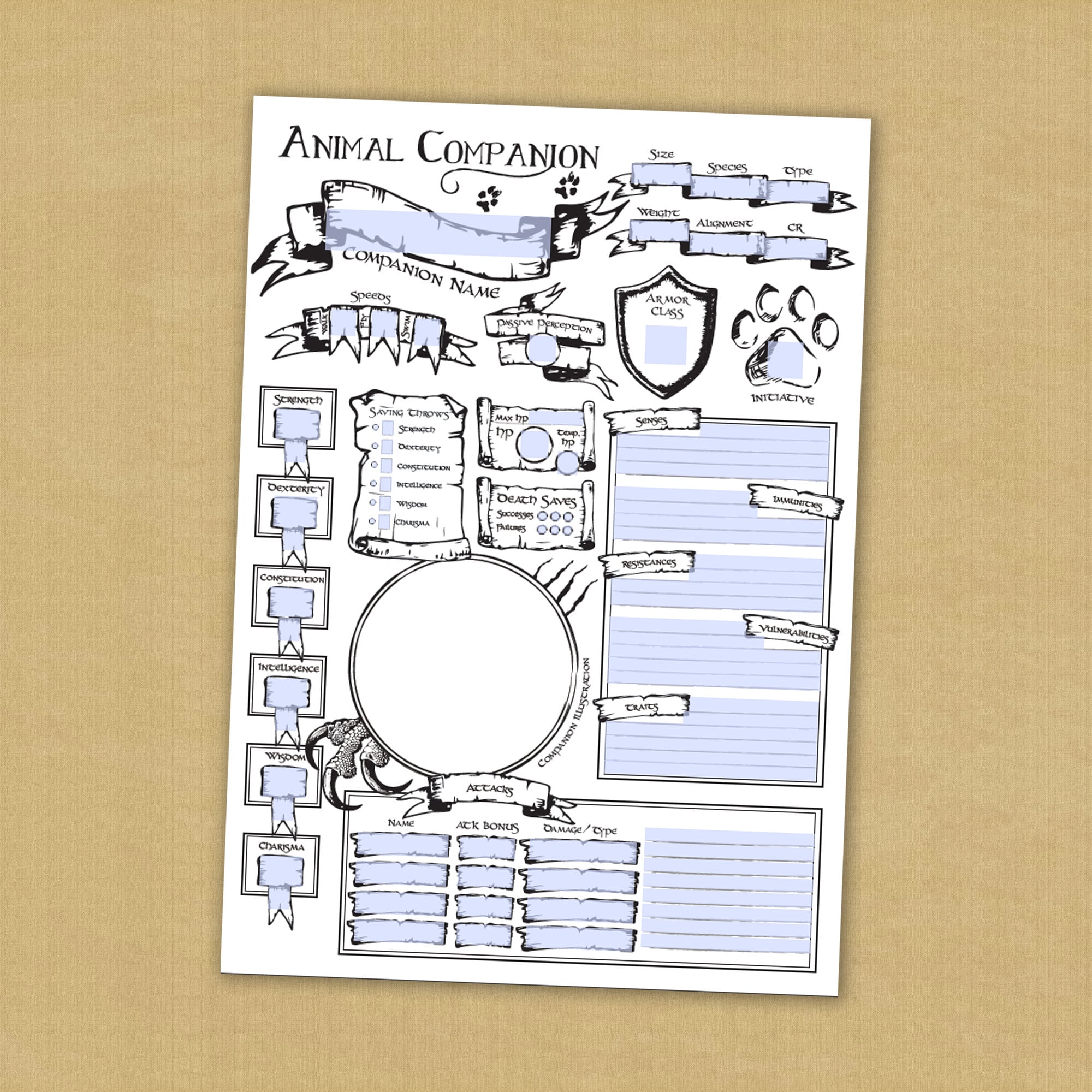 D d animal companion character sheet pdf download fillable etsy