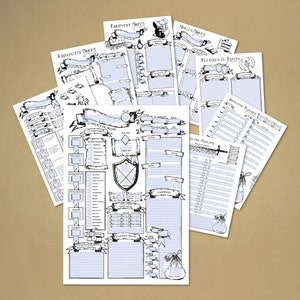 May include: A set of printable character sheets for role-playing games. The sheets are designed in a medieval style with banners and scrolls. The sheets include sections for character name, stats, abilities, and equipment.