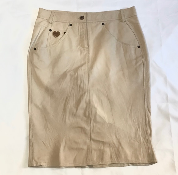 1990s Moschino Camel Brown Leather Midi Skirt Gem