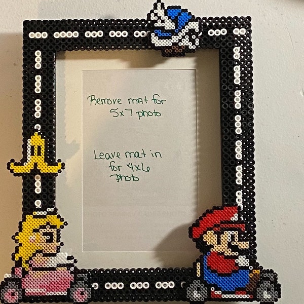 Mario Kart Inspired Peach Perler Glass Picture Frame -Fits 4x6 or 5x7 Photos- Choose Horizontal or Vertical, Inspired, Geeky, Video Game Art