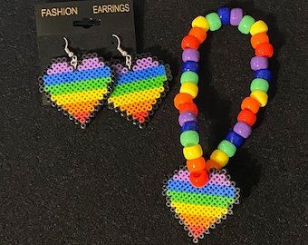 Rainbow Heart Kandi Bracelets with Matching Earrings, Perler Jewelry Artkal