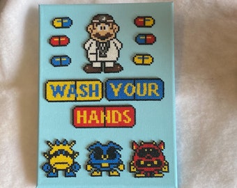 Glass Framed or Canvas Dr. Mario Wash Your Hands- Mini Perler Beads- Perfect for Doctor's Offices, Bathroom or Classroom Decor