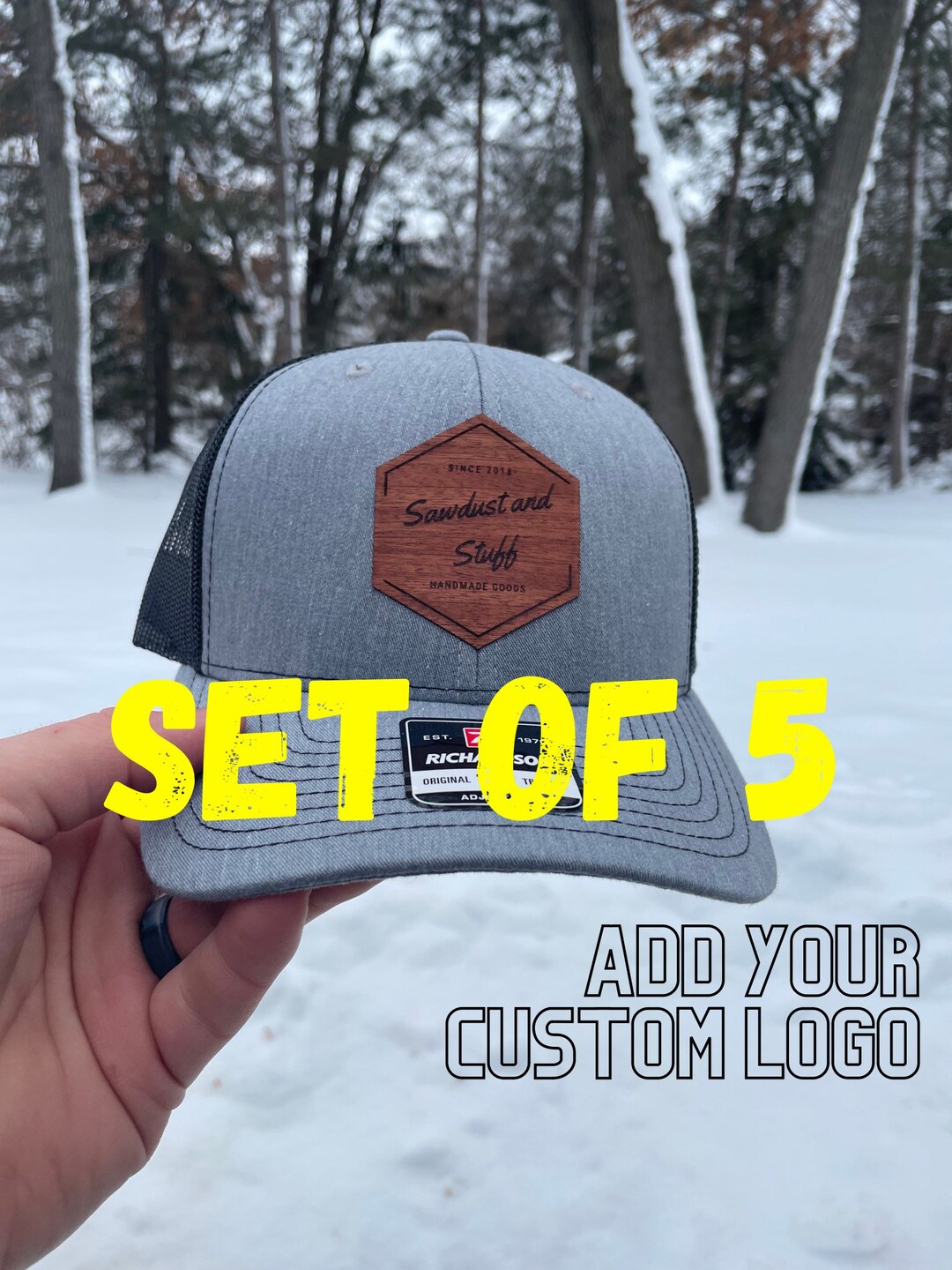 SET OF 5 Custom Logo Hats, Leatherette Patch Logo Hats Leather Patch