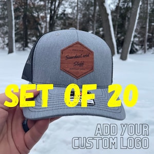 SET OF 20 Business Logo Hats, leatherette patch - Logo Hats, Leather Patch, Richardson 112 Hat, Personalized Mens Hats - Wood patch