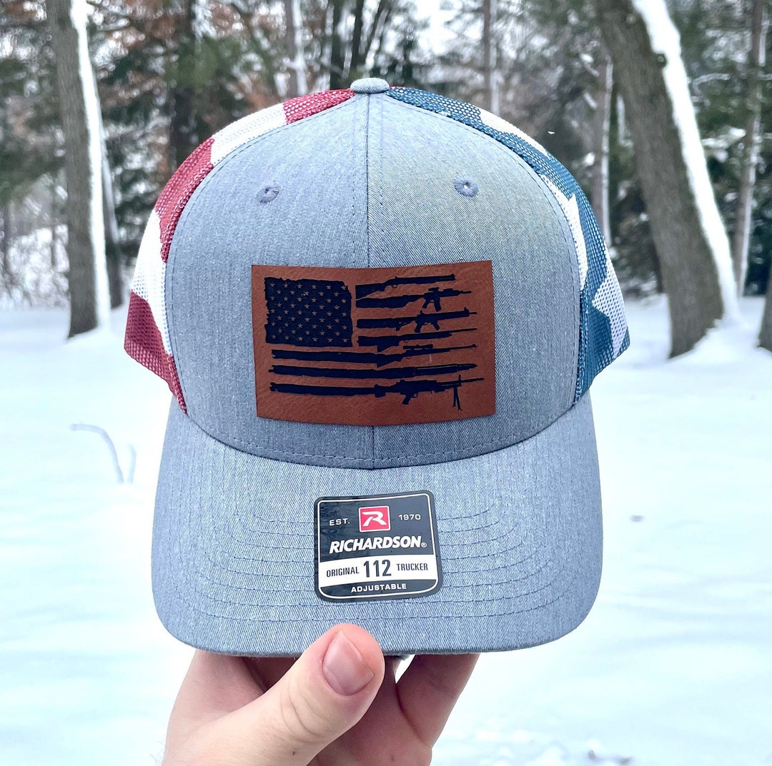 American Flag Hats, Leatherette Patch Logo Hats, Laser Engraved Leather