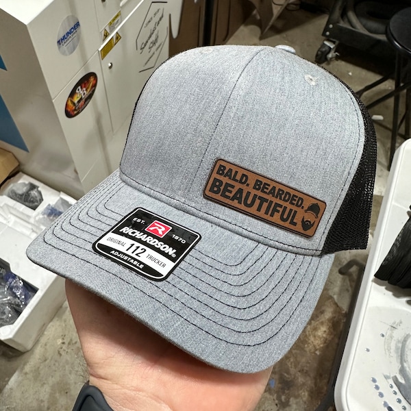 Bald. Bearded. Beautiful Hat, leatherette patch - Logo Hats, Laser Engraved Leather Patch, Richardson 112 Hat - Dad hat