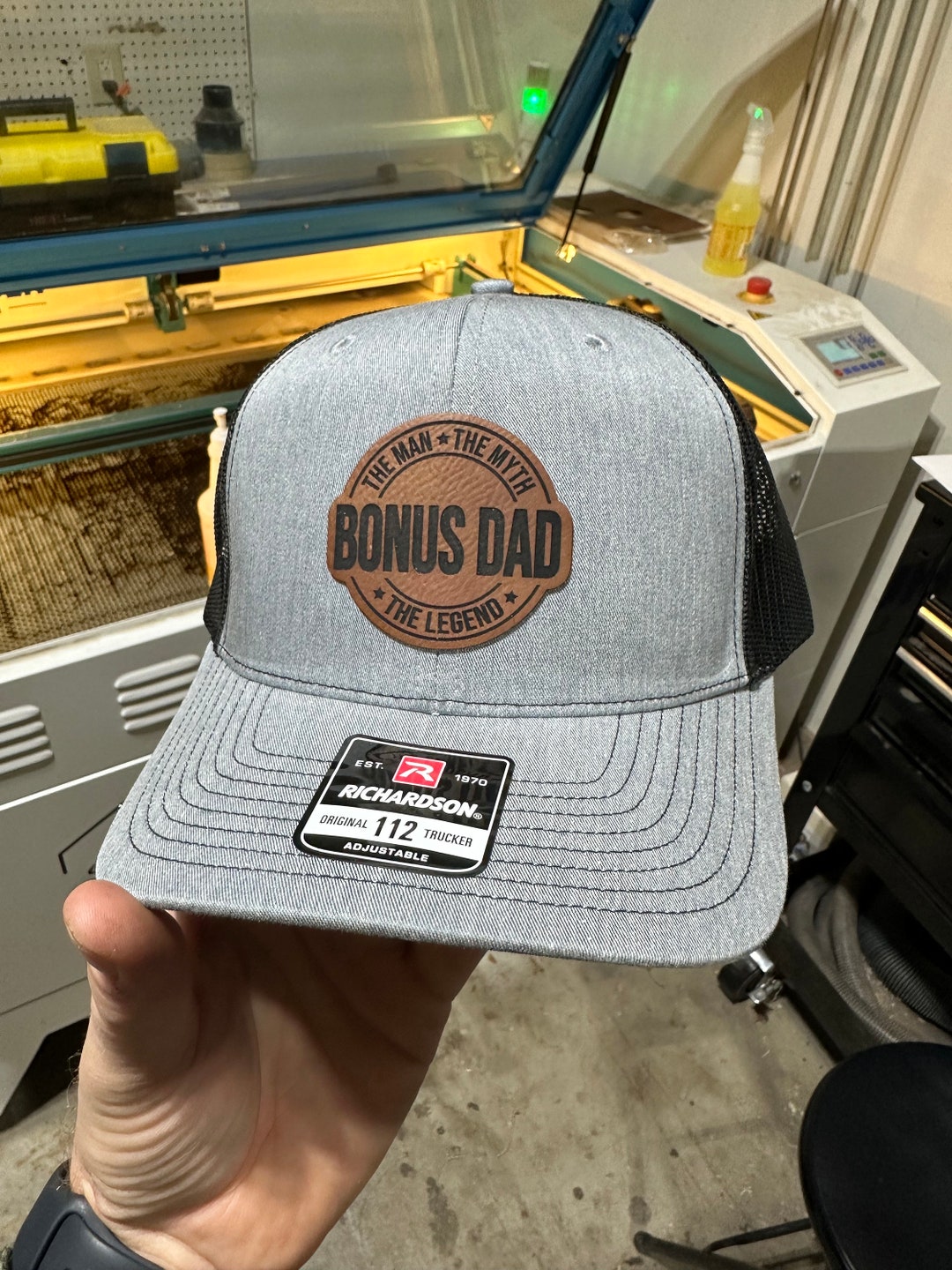 Bonus Dad Hat, Leatherette Patch - Logo Hats, Laser Engraved Leather ...