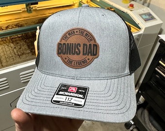 Bonus Dad Hat, leatherette patch - Logo Hats, Laser Engraved Leather Patch, Richardson 112 Hat - Dad hat - Dad Bod Hat