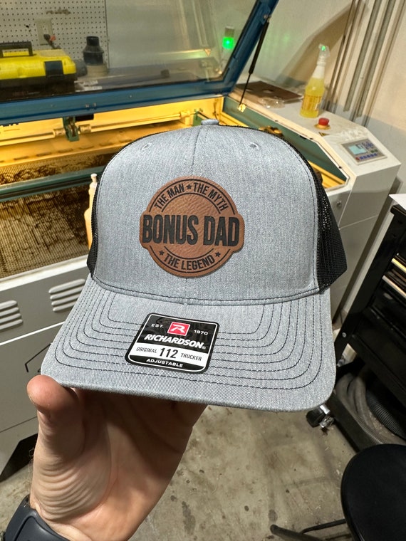 Bonus Dad Hat, Leatherette Patch Logo Hats, Laser Engraved
