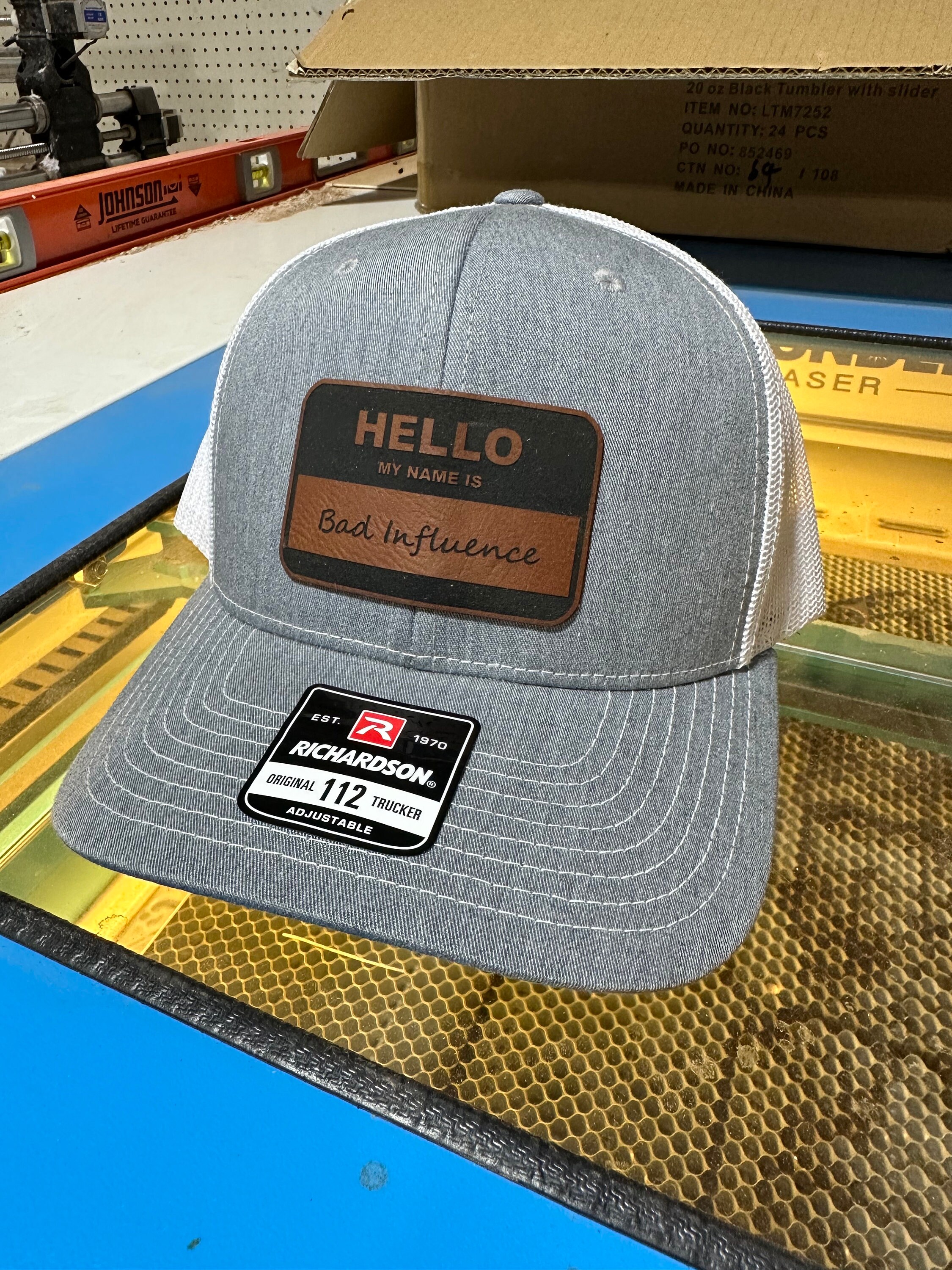 Hello my Name is Bad Influence Hat - leatherette patch - Leather Patch, Richardson 112 Hat