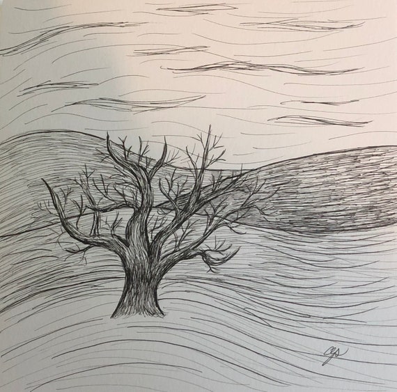 Albero Stilizzato Paesaggio Bianco E Nero Penna E Inchiostro Disegno Stile Naturalistico