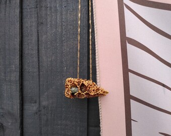 Handmade Colombian Gold encrusted loofah with real raw Emerald statement necklace
