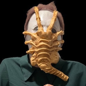 May include: A person wearing a brown and yellow alien face mask. The mask has a textured surface and is shaped like a creature with multiple legs.