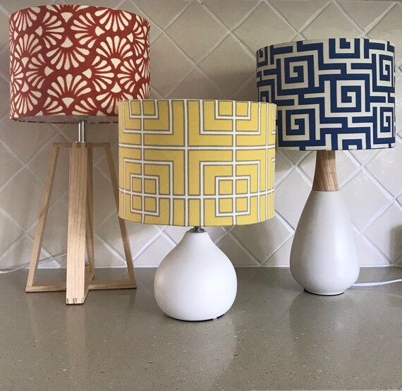 Scandi Upholstered Lampshade On Solid Timber Table Lamp Yellow And White Vintage Style Retro Lapshade