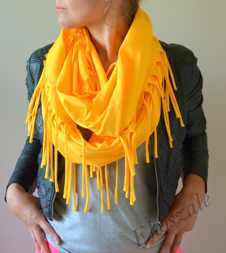 shawl with tassels, knitted shawl, cotton shawl, infinity, shawl made of cotton, scarf, warm shawl, women shawl,organic shawl yellow, fringe image 1