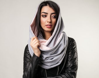 shawl, knitted shawl, cotton shawl, infinity, shawl made of cotton, gray scarf, warm shawl, women shawl,organic shawl, grey / rosa