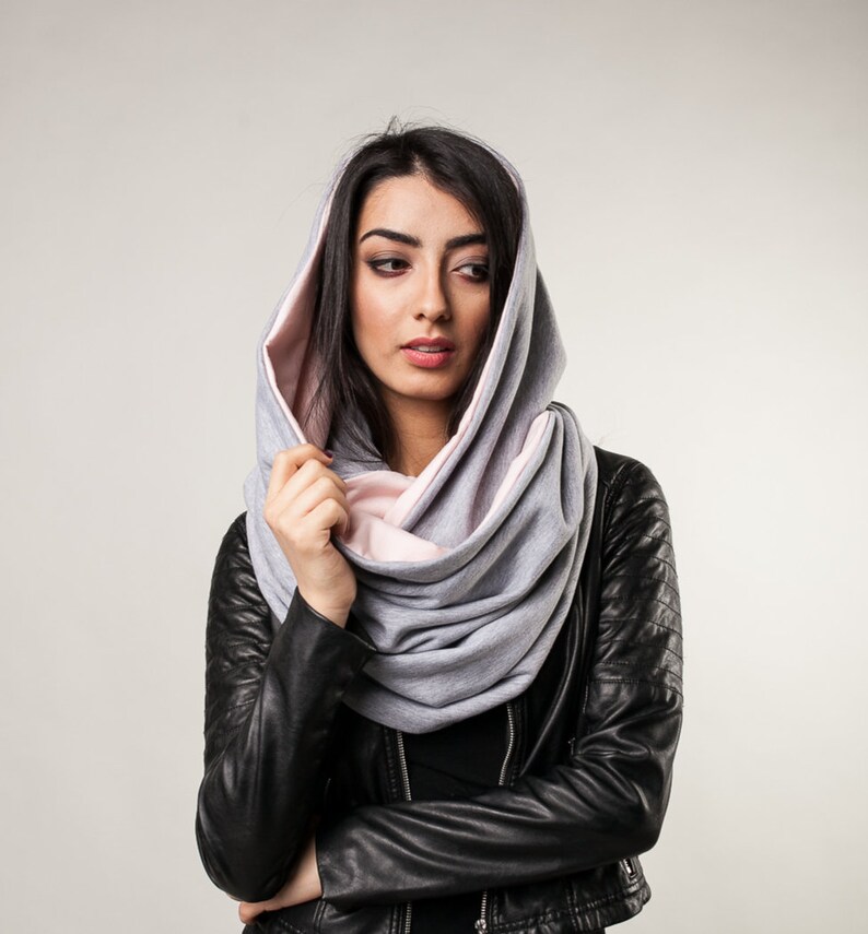 shawl, knitted shawl, cotton shawl, infinity, shawl made of cotton, gray scarf, warm shawl, women shawl,organic shawl, grey / rosa image 1