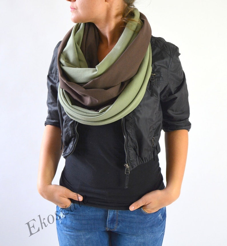 shawl, knitted shawl, cotton shawl, infinity, shawl made of cotton, gray scarf, warm shawl, women shawl,organic shawl, dark beige / green image 1