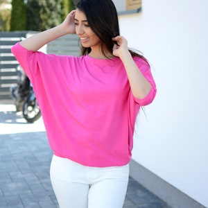 Wide Loose Blouse Bust Oversize Pink, cotton blouse for women, blouse vintage for girls, blouse sleeved, loose blouse, pink top image 2