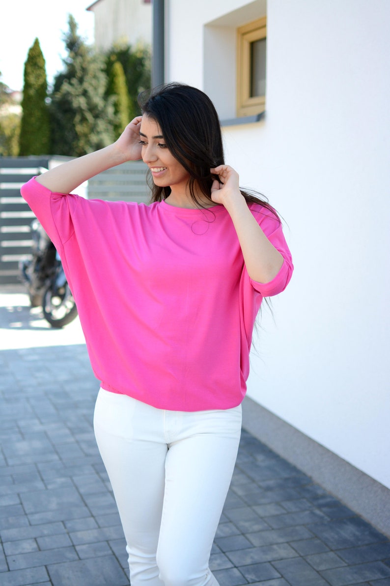 Wide Loose Blouse Bust Oversize Pink, cotton blouse for women, blouse vintage for girls, blouse sleeved, loose blouse, pink top image 2