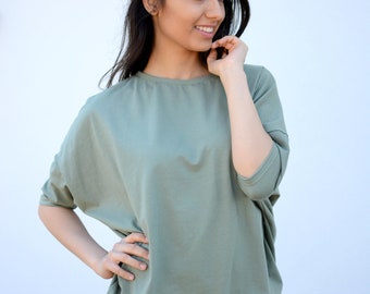 Wide Loose Blouse Bust Oversize Olive, cotton blouse for women, blouse vintage for girls, blouse sleeved, loose blouse, green top