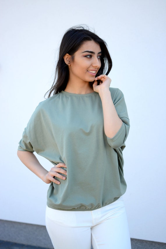 Szeroka Luźna Bluzka Nietoperz Oversize Khaki, szeroka bawełniana bluzka z gumką, bluzka ze ściągaczem, bluzka z krótkim rękawem koszulka