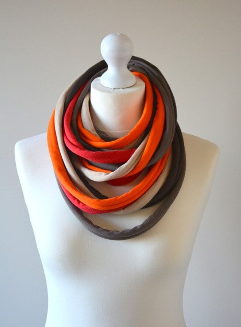 knitted necklace cotton tuba shawl scarf colorful boho party, cotton strings, straps in orange brown image 1