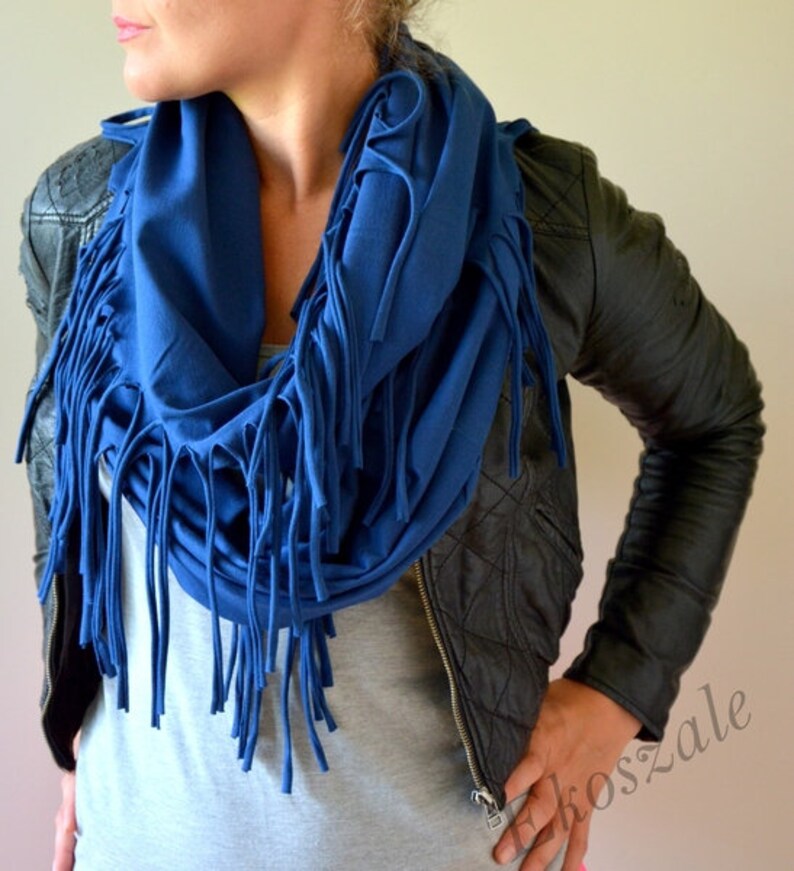 shawl with tassels, knitted shawl, cotton shawl, infinity, shawl made of cotton, scarf, warm shawl, women shawl,organic shawl blue, fringe image 1