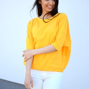 Wide Loose Blouse Bust Oversize Yellow, cotton blouse for women, blouse vintage for girls, blouse sleeved, loose blouse, gold top image 2