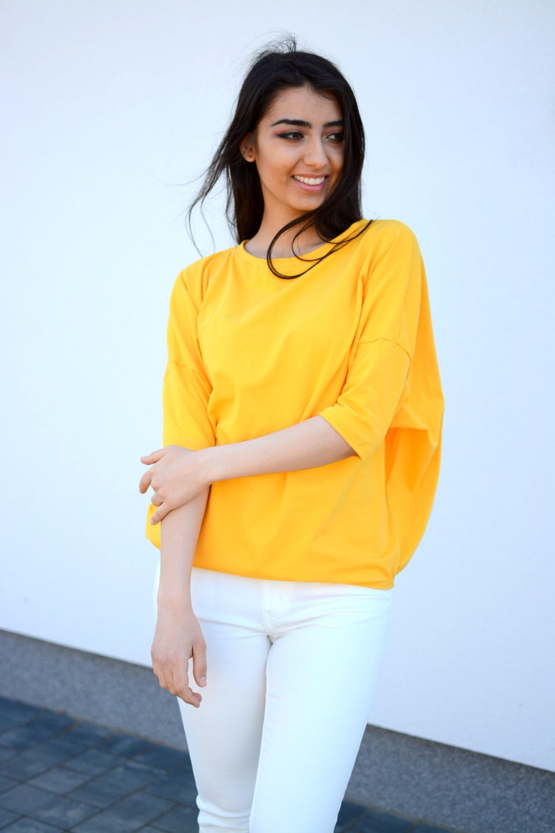 Wide Loose Blouse Bust Oversize Yellow, cotton blouse for women, blouse vintage for girls, blouse sleeved, loose blouse, gold top image 2