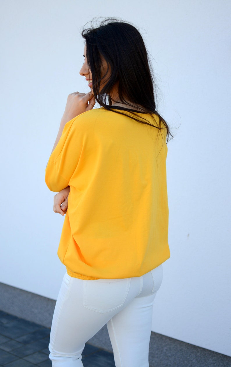 Wide Loose Blouse Bust Oversize Yellow, cotton blouse for women, blouse vintage for girls, blouse sleeved, loose blouse, gold top image 3