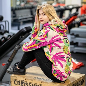 Sudadera negra para mujer con capucha grande, sudadera deportiva con tubo, sudadera - túnica para mujer, sudadera con hojas y flores