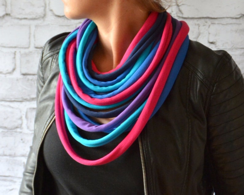 knitted necklace cotton tuba shawl scarf colorful boho party, cotton strings, straps in blue, purple, intense pink image 1