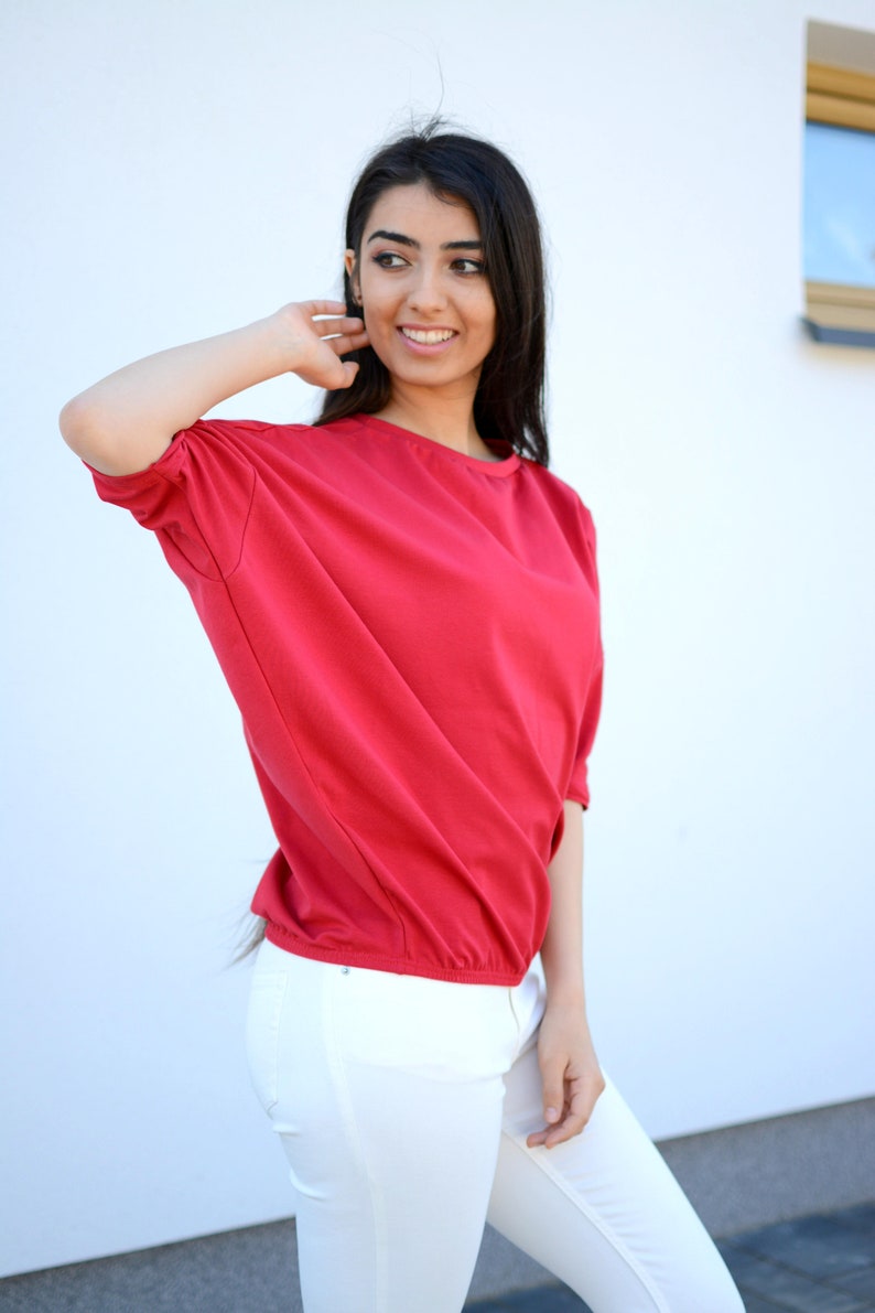 Wide Loose Blouse Bust Oversize Red, cotton blouse for women, blouse vintage for girls, blouse sleeved, loose blouse, maternity shirt image 3