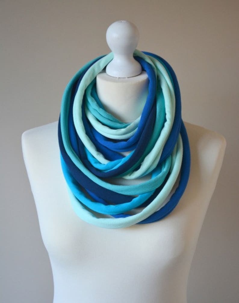 knitted necklace cotton tuba shawl scarf colorful boho party, cotton strings, straps in blue image 1