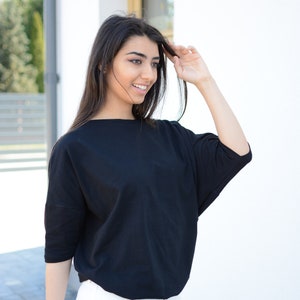 Wide Loose Blouse Bust Oversize Black, cotton blouse for women, blouse vintage for girls, blouse sleeved, loose blouse, pregnant shirt image 2