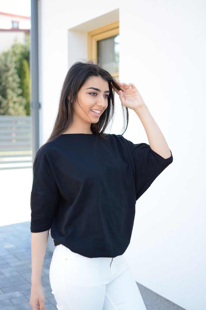 Wide Loose Blouse Bust Oversize Black, cotton blouse for women, blouse vintage for girls, blouse sleeved, loose blouse, pregnant shirt image 2