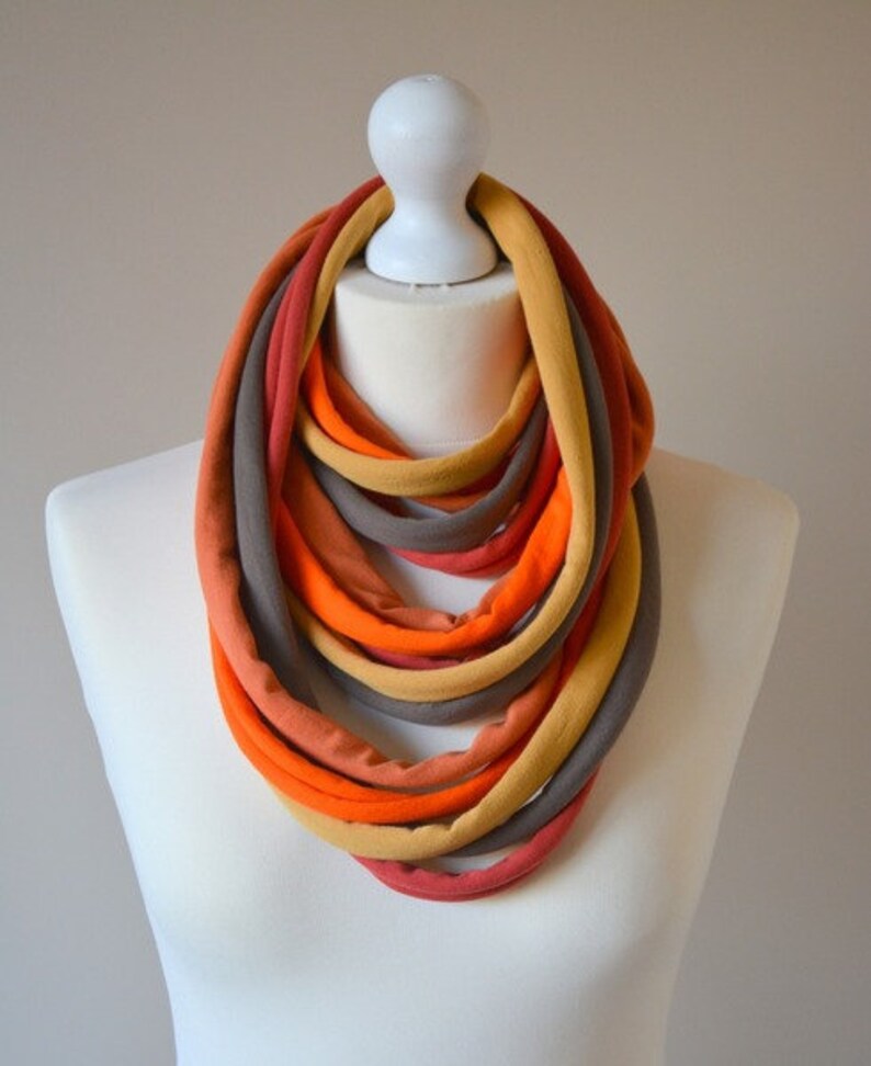 knitted necklace cotton tuba shawl scarf colorful boho party, cotton strings, straps in brown orange image 1