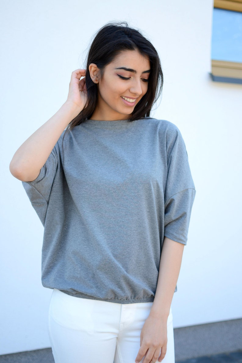 Wide Loose Blouse Bust Oversize Grey, cotton blouse for women, blouse vintage for girls, blouse sleeved, loose blouse, grey top image 2