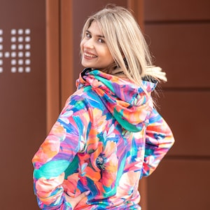 Sudadera negra para mujer con capucha grande, sudadera deportiva con tubo, sudadera - túnica para mujer, sudadera con hojas y flores