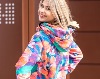 kangaroo hoodie, große Kapuze, regenbogenfarbe, damenhoodie, sweatshirt, longshirt, kapuzenmantel, kapuzenpulli, kapuze, bluse