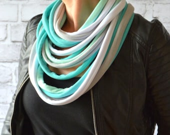 knitted necklace cotton tuba shawl scarf colorful boho party, eco-tube in beautiful colors white, blue straps strings