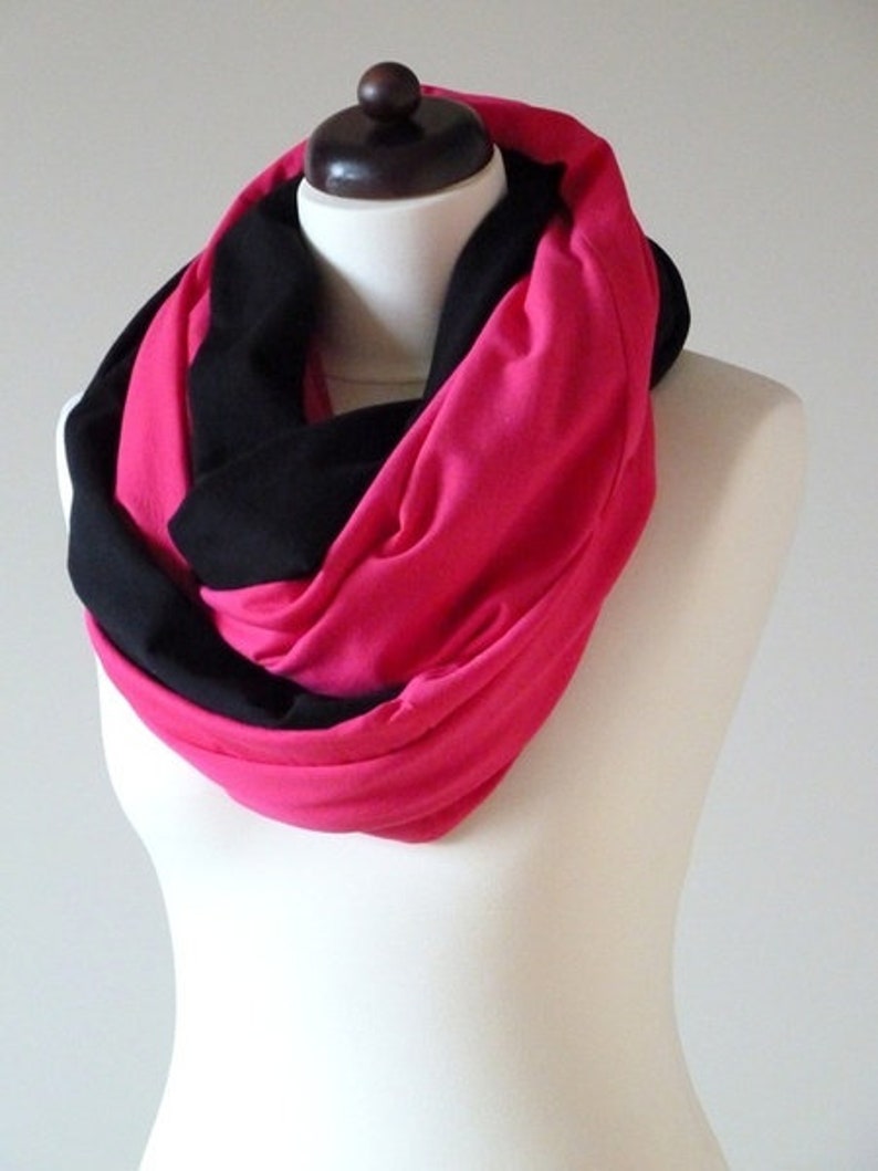 shawl, knitted shawl, cotton shawl, infinity, shawl made of cotton warm shawl, women shawl,organic shawl, black intense pink chimney image 1